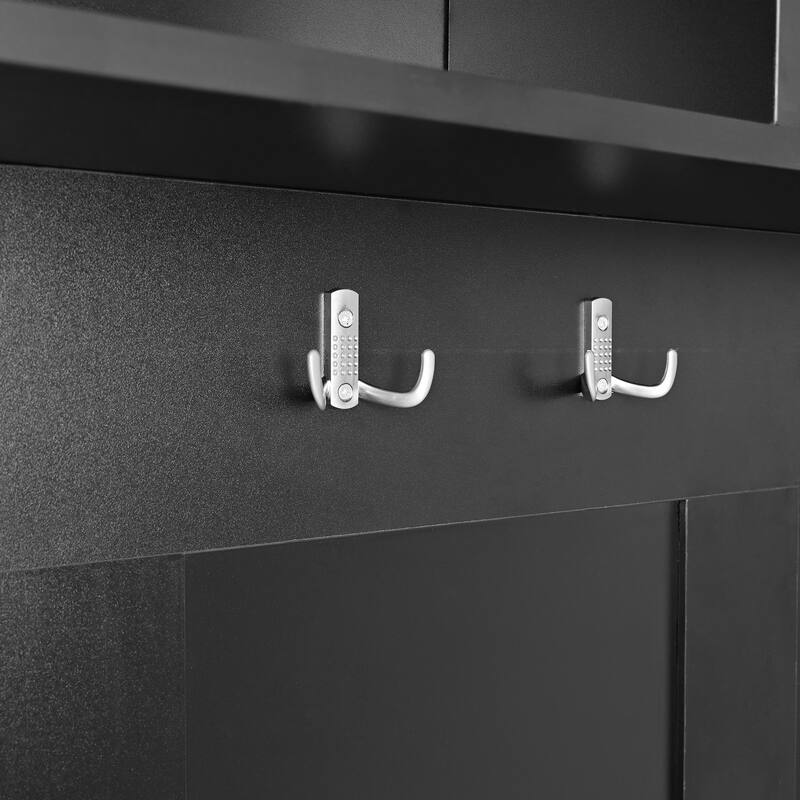 Roomfitters Elegant Hall Tree with Cushioned Bench and Sliding Doors, Mudroom Shoe Storage Cabinet with 6 Silver Hooks