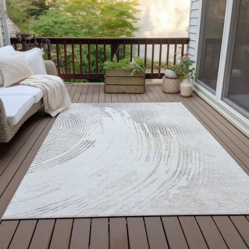 Machine Washable Indoor/Outdoor Contemporary Wave Chantille Rug - Ivory - 3' x 5'