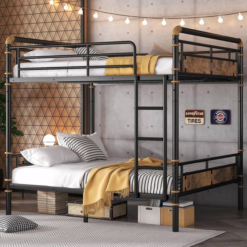 Metal Bunk Bed, Industrial Detachable Bunkbeds with Safety Guard Rails for Teens - Black - Full over Full