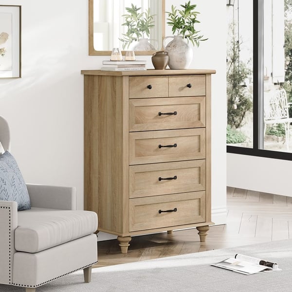 brown kids dresser white Mid Century Dresser with 5/6 Drawers, Wooden Kids Dresser for Bedroom - Oak