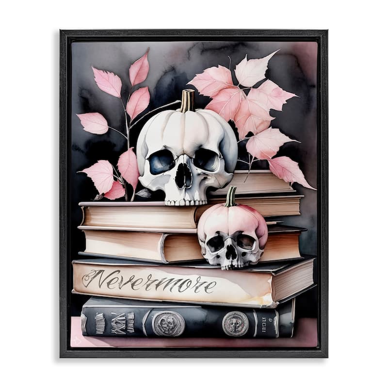 Stupell Spooky Skull Book Stack Framed Floater Canvas Wall Art Design By Tabz Jones - 17 x 21 - Black