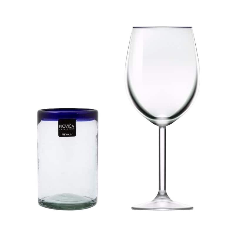 Handmade Blue Rim Glass Classic Drinking Set of 6 Glasses (Mexico)