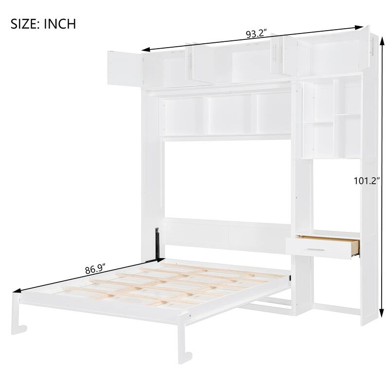 Queen Size Wall Murphy Bed, Foldable Platform Bed with Built-in Desk, Top Cabinet, Pull-out Drawer and Storage Shelves