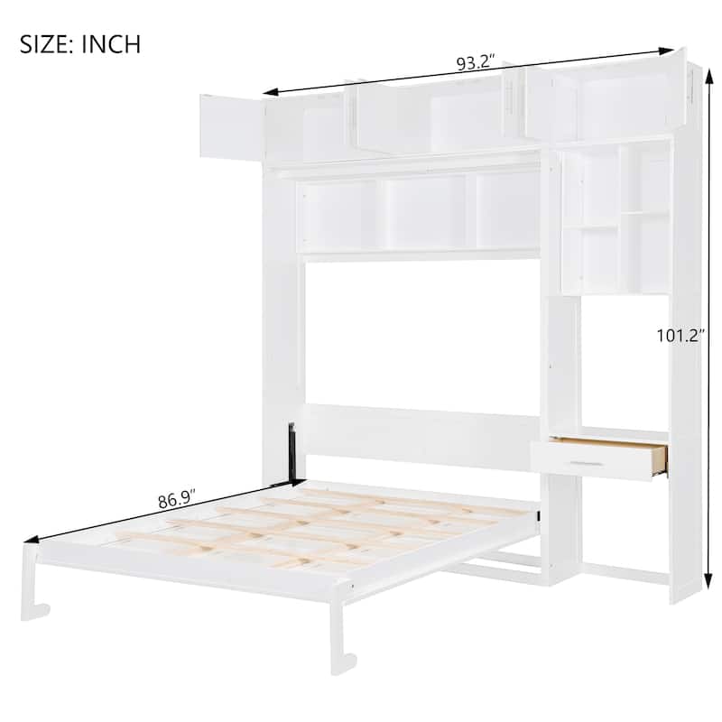 Space-Saving Queen Murphy Bed with Desk, Storage Shelves and Top Cabinets, Foldable Wall Bed in White