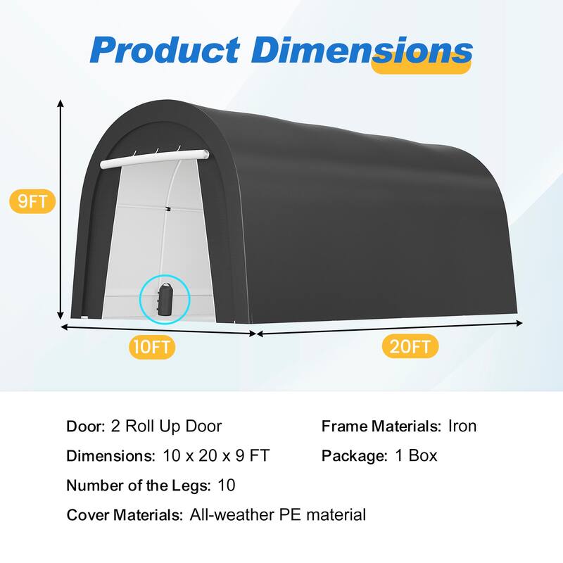 10' x 20'Portable Domed Carport with 2 Roll-up Doors