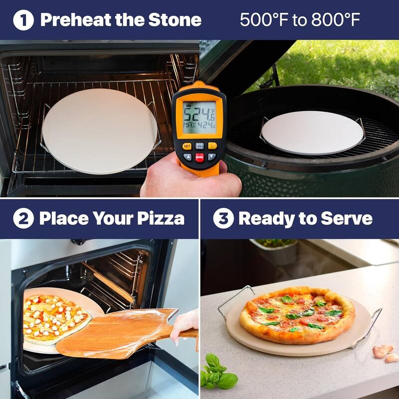 16" Pizza Stone for Oven & Grill with Handles - Natural Cordierite Baking Stone Set with SS Rack & Plastic Scraper
