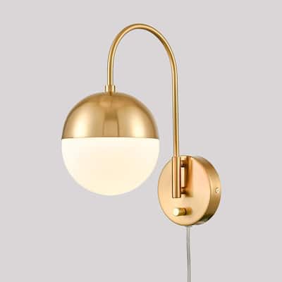 Modern Gold Wall Lamp Brass Finished Plug in Wall Light with Opal White Glass Shade Bathroom Vanity Sconce