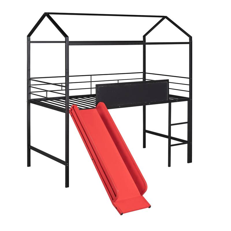 Twin Size Metal Loft Bed with Slide and Writable Wooden Board