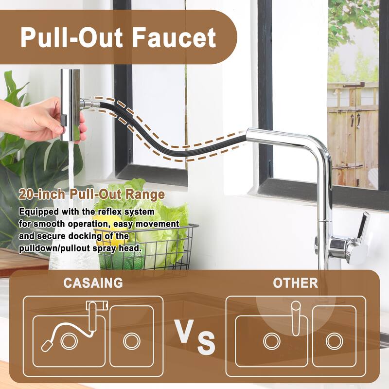 Single Handle Pull Out Sprayer Kitchen Faucet with 3 Functions Spray, 360° swivel