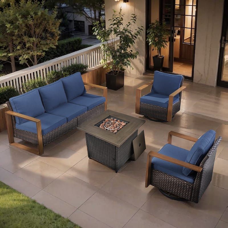 Pocassy Outdoor Fire Pit Conversation Set 3-Seat Sofa Chairs Patio Furniture Set - Brown Wicker Blue Cushion - 4-Piece Sofa Swivel Chair with Fire Table