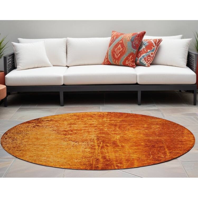 Almilo Artistic Abstract Weather Resistant Blended Style Outdoor Rug - 8' Round - Orange