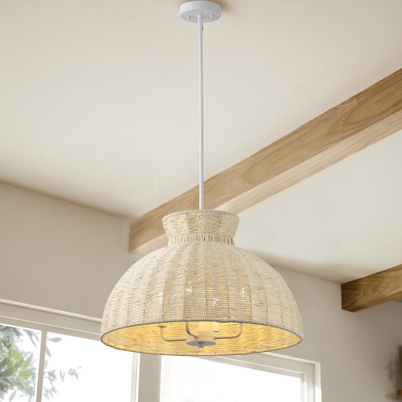 Boho Woven Rope Pendant Light Matte White and Beige 4 Light Ceiling Lamp for Dining Room or Kitchen Island