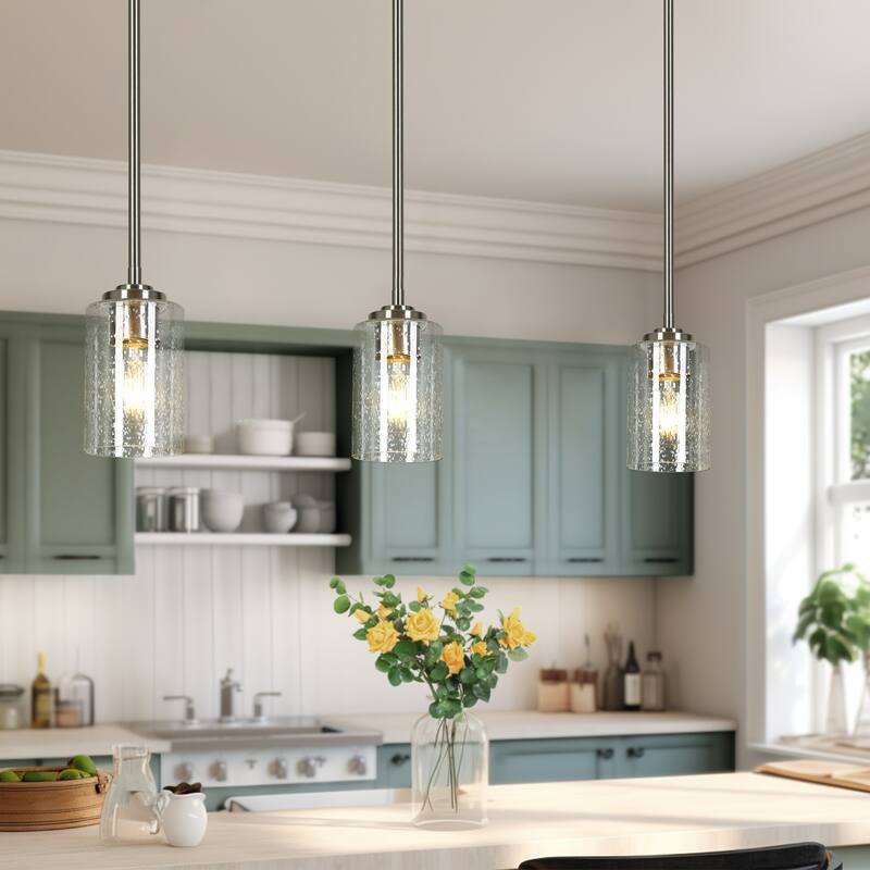 Modern Nickel 1-Light Cylinder Glass Pendant Light for Kitchen Island Dining Kitchen Commercial - D3.9" x H7.2"
