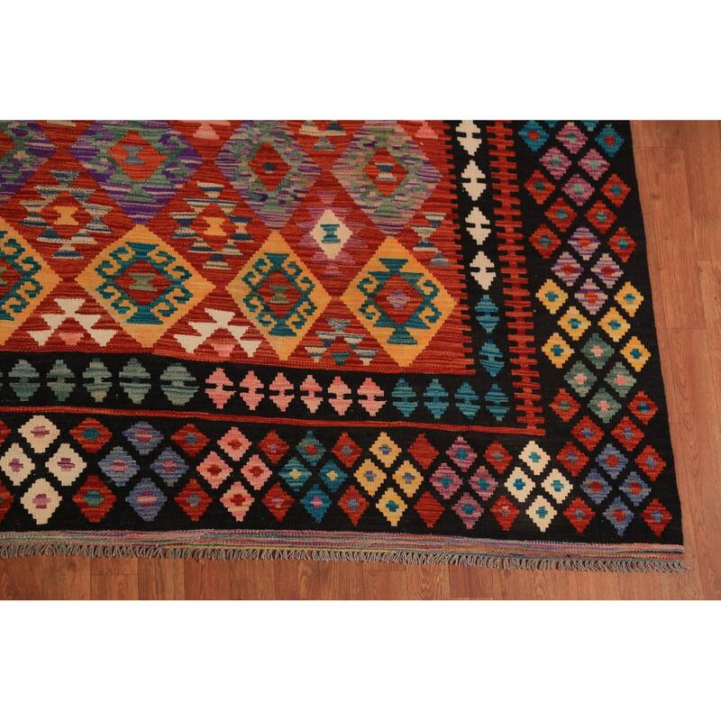 Reversable Kilim Oriental Area Rug Hand-Woven Orange Wool Carpet - 9'11"x 13'0"