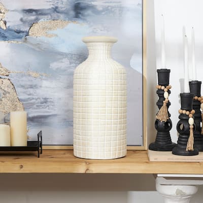 Cream Ceramic Textured Geometric Vase with Checkered Pattern