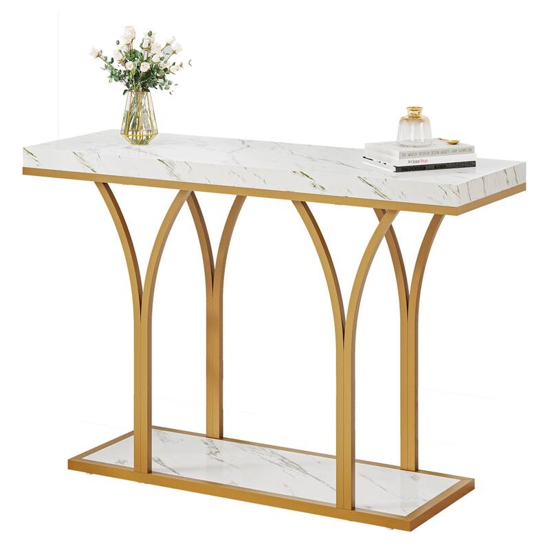 Modern Gold Console Sofa Table with Marbling Top for Entryway Hallway - White&Gold
