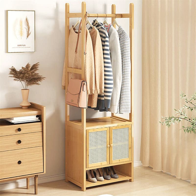 Bamboo Clothes Rack Stand with Cabinet andShoe Shelf