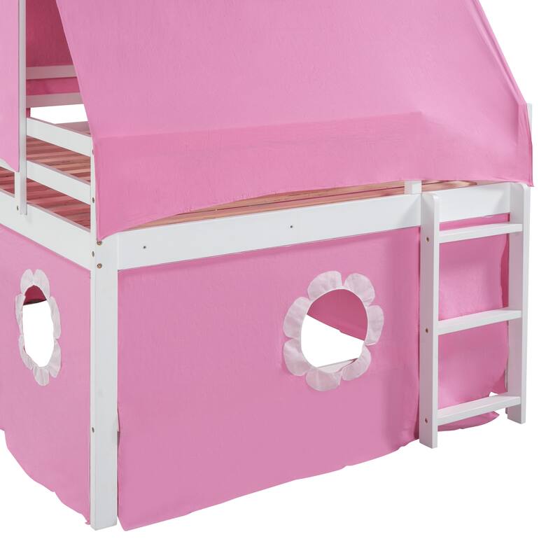 Castle Frame Bed Wood Loft Bed Loft Bed Convertible To Mini Playground with Pink Tent and Tower, Child Bed Tent