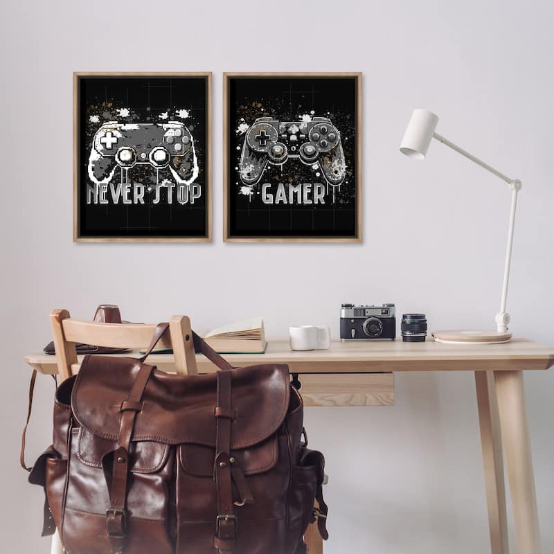 Stupell Modern Gamer Controller Phrases Framed Floater Canvas Wall Art Design By Kim Allen (Set of 2)