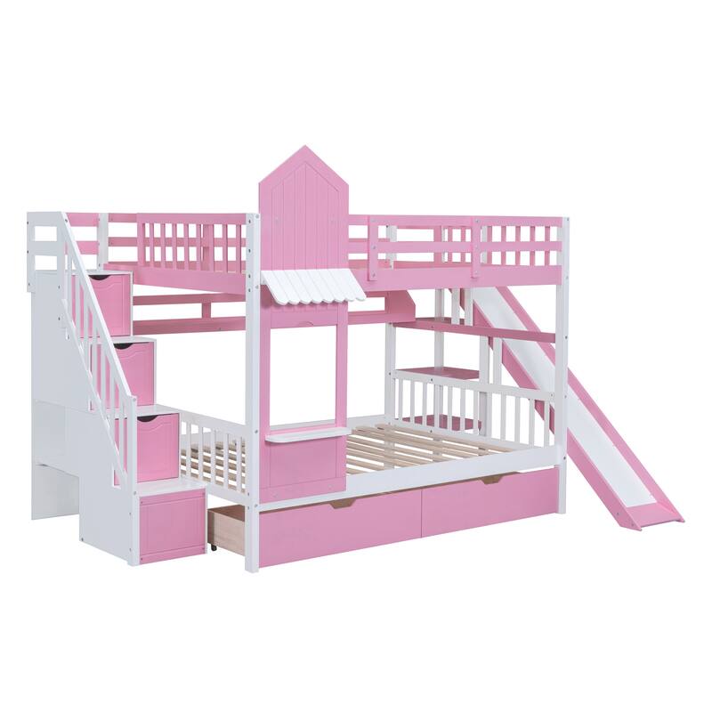 Pink Full-Over-Full Castle Bunk Bed with Drawers, Shelves, and Slide