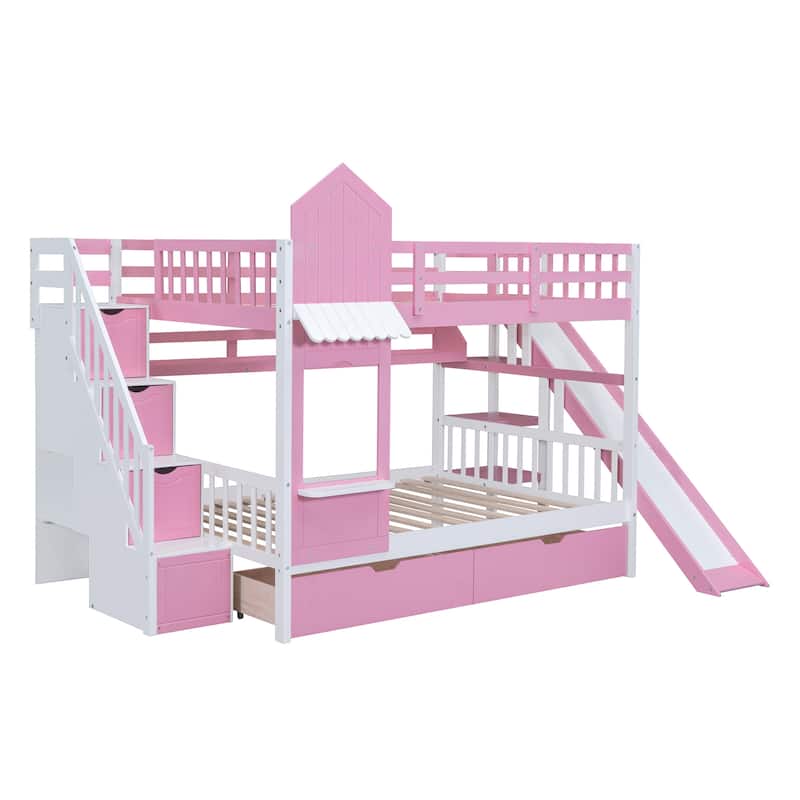 Pink Full over Full Size Solid Wood Castle Style Bunk Bed with 2 Drawers 3 Shelves and Slide for Kids, Bedroom
