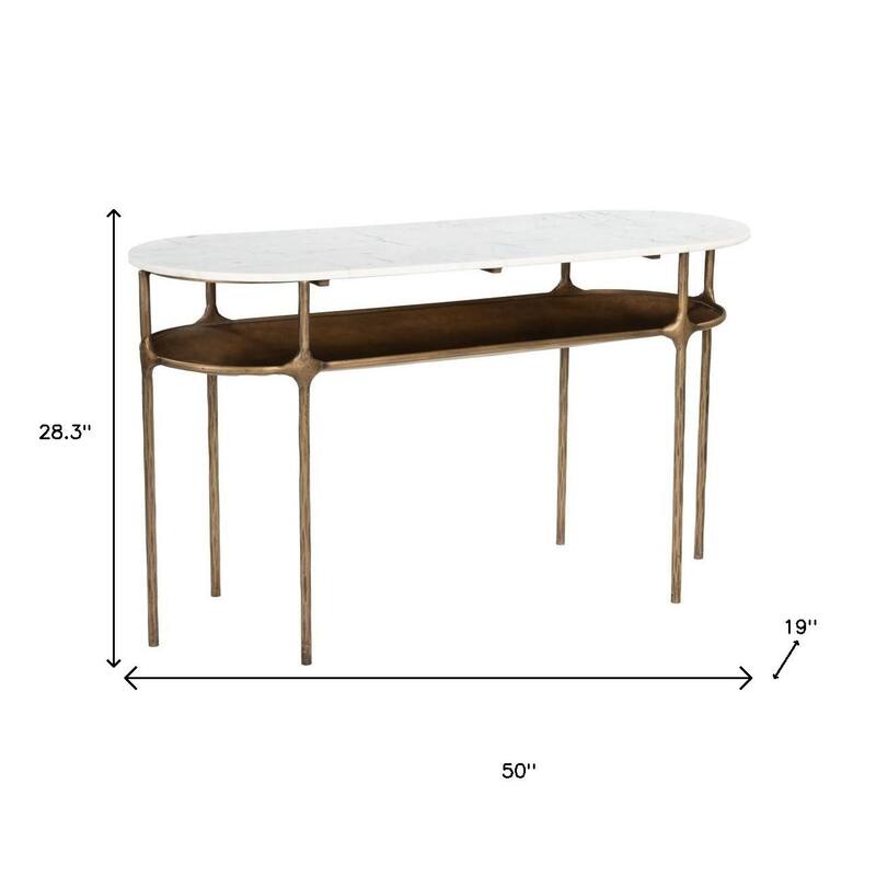 HomeRoots 50" White and Brass Genuine Marble and Iron Oval Six Leg Console Table With Shelf - 50.00 in. x 28.30 in. x 19.00 in.