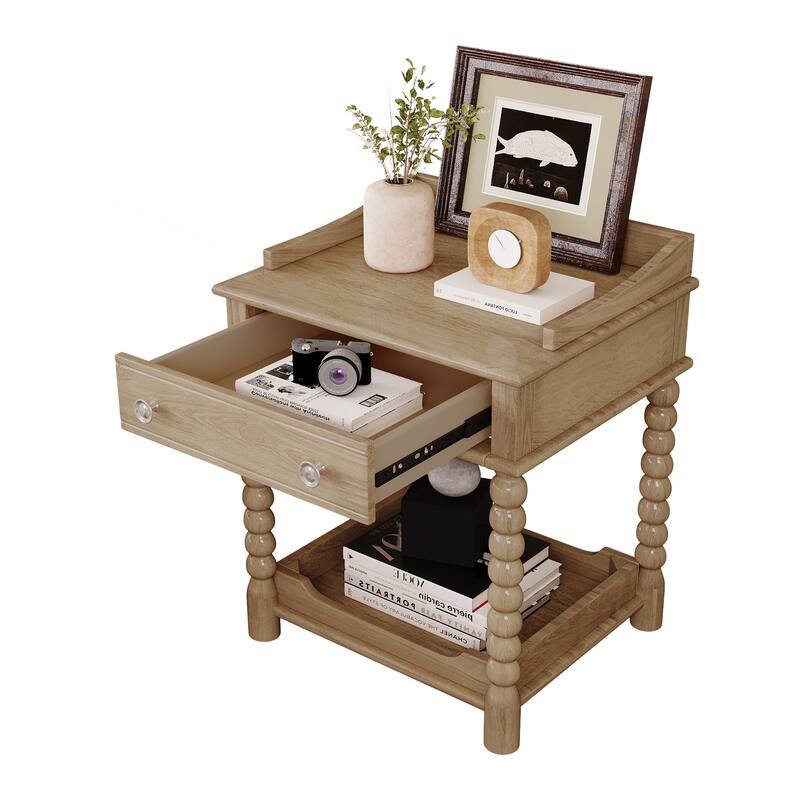 Retro Style Nightstand with Drawer & Open Shelf - Turned Legs Bedside Table with Metal Handle (Natural)