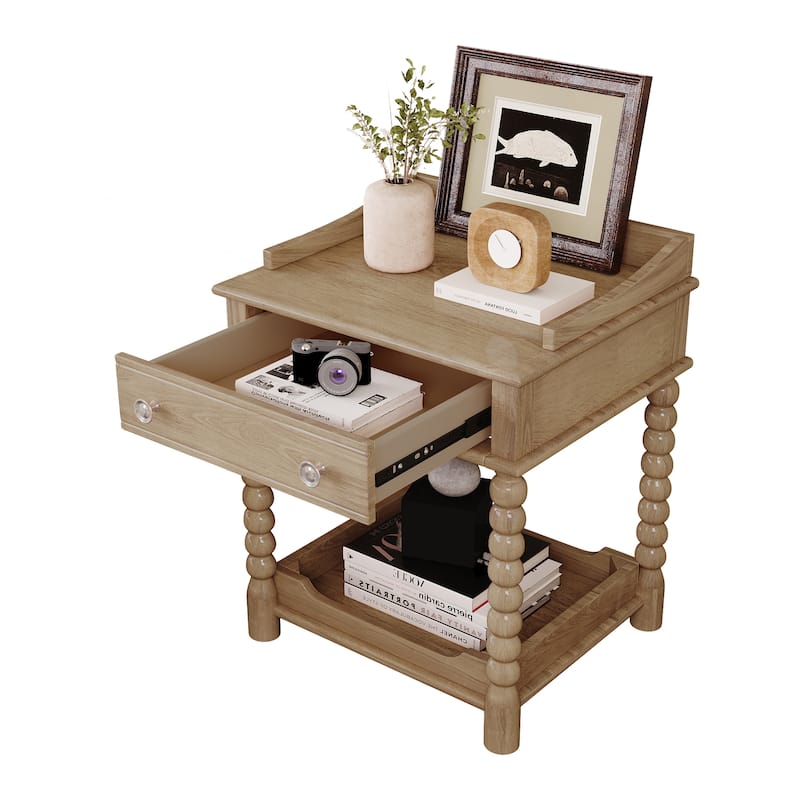 Retro Style Nightstand with Drawer and Open Shelf for Bedroom, Bedside Table with Turned Legs and Metal Handle,Natural