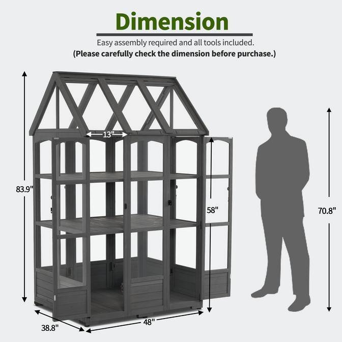 MCombo Wooden Greenhouse, Outdoor Greenhouse with Adjustable Roof Vent and 8 Lockable Door, 48" x 38.8" x 83.9" , 0851