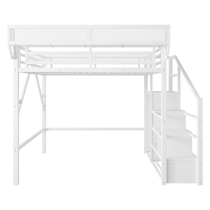 Full Size Loft Bed with Stairs, Metal Full Loft Bed with Storage Shelves, High Loft Bed with Wardrobe for Kids Teens