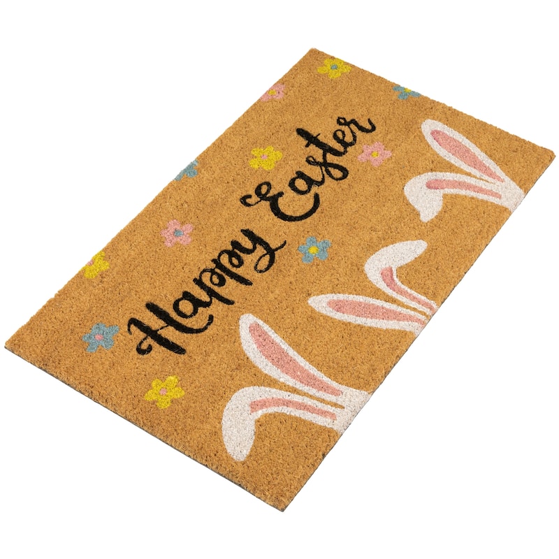Natural Coir Happy Easter Bunny Ears Outdoor Doormat 18" x 30" - 18" x 30"