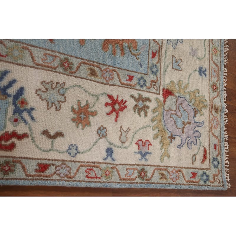 Light Blue Floral Oushak Area Rug Hand-Knotted Wool Carpet - 8'0"x 9'8"
