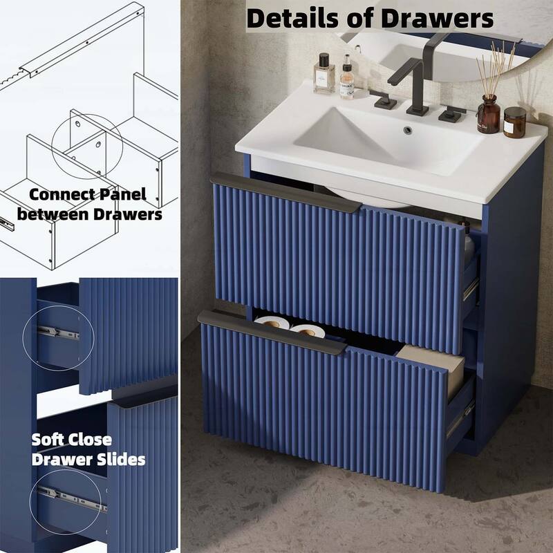 30 Inch Freestanding Bathroom Vanity with Ceramic Sink,Full-Extension Drawers,and Fluted Design