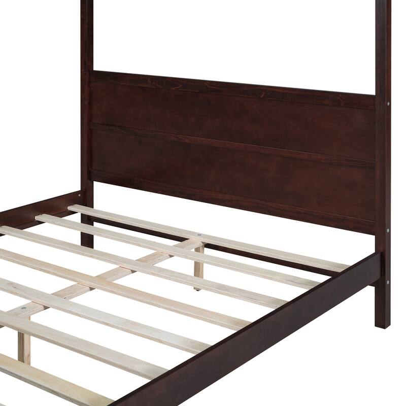 HomeRoots Espresso Inlaid Panels Wood Queen Canopy Bed