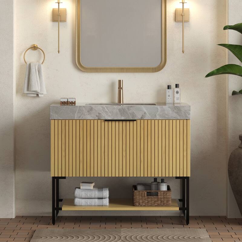 GDFStudio - Yolan 36" Freestanding Bathroom Vanity with Striped Drawer, Open Shelf & Undermount Ceramic Basin, WITHOUT Faucet - Golden Oak