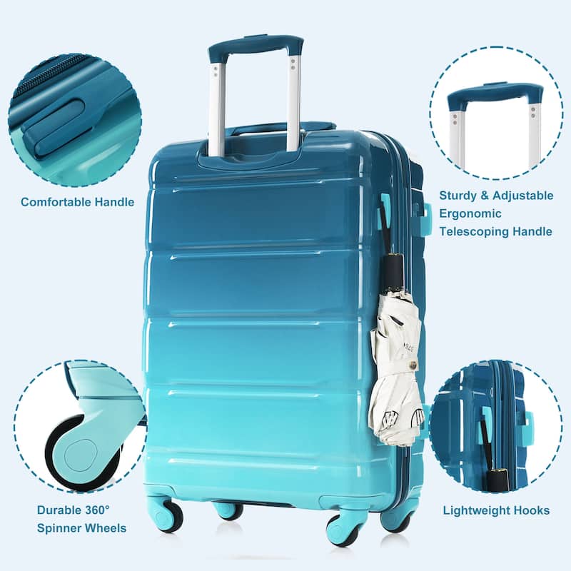 5-Piece, 20-Inch Modern Hard Shell Luggage with USB Port and Spinner Wheels, for Boarding Travel, Blue