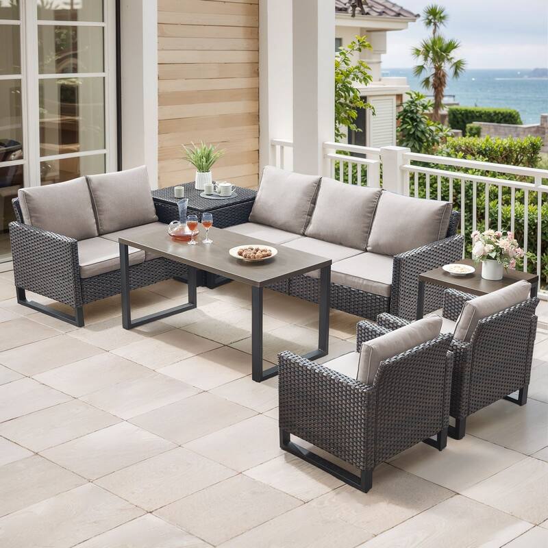 Gymojoy 7 Person All-Weather Wicker Outdoor Conversation Set Seating Group With lounge Chairs And Coffee Table
