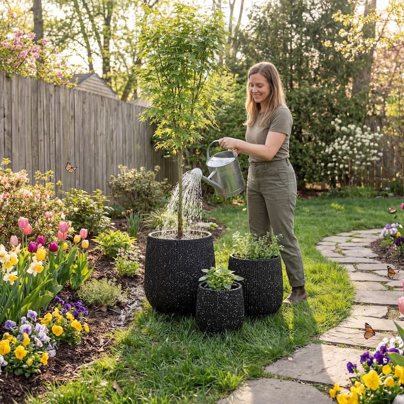DTY Signature Mount Wilson 1-Piece Fiberstone Tapered Planter for Indoor/Outdoor, Black