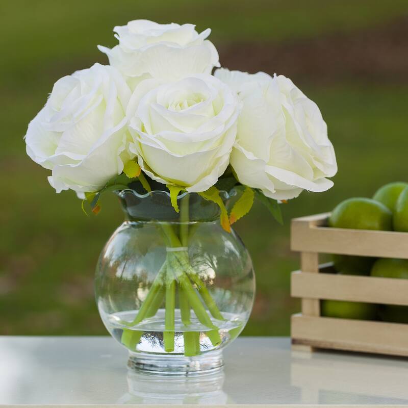 Enova Home Artificial Silk Roses Fake Flowers Arrangement in Clear Glass Vase with Faux Water for Home Office Decoration - Cream