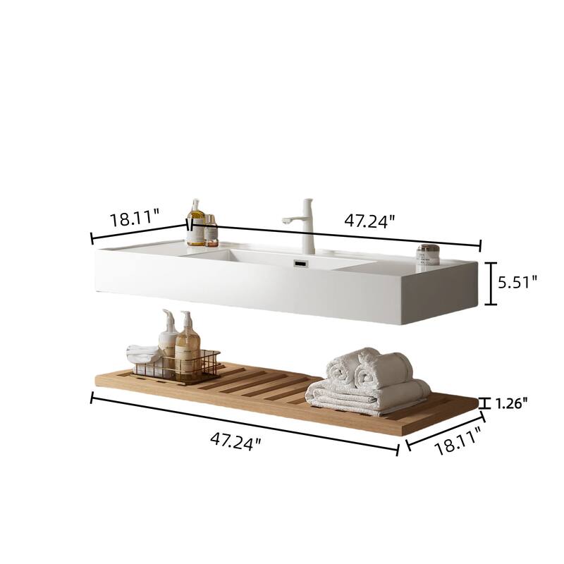 48" Floating Bathroom Vanity with Rectangular Acrylic Integrated Vessel Sink, Striped Natural Wood Shelves