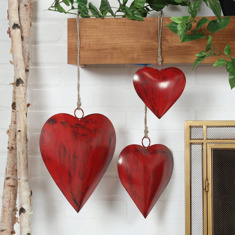 Gold, Red or Gray Metal Heart Decorative Bell with Hanging Rope (Set of 3)