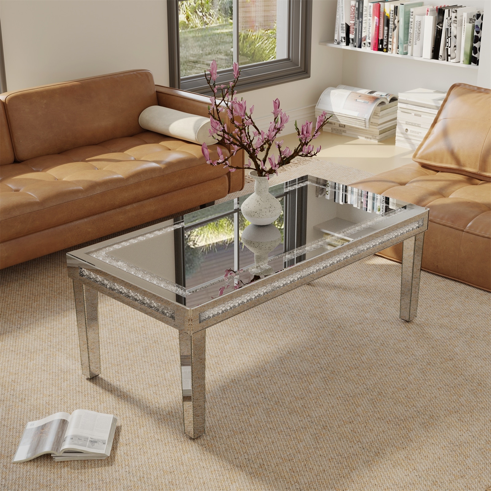 Modern Large Rectangular Mirrored Table Coffee Table with Crushed