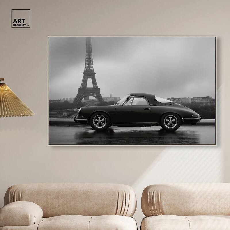 Classic Car and Eiffel Noir Canvas by Art Remedy
