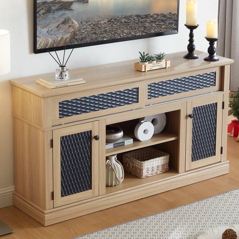 2 Door Embossed Pattern TV Stand with Open Storage Shelf and Sliding Door, Entertainment Center for TVs up to 65''