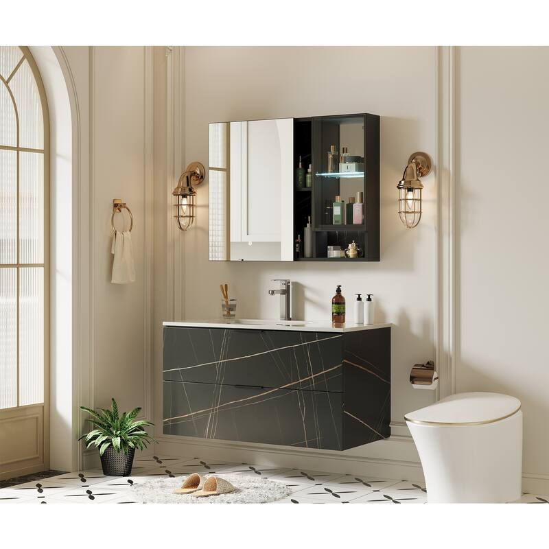 Recessed Mount Aluminum Frameless Medicine Cabinet With Glass Door, Adjustable LED Light, Mirrored Door, And Fixed Shelves