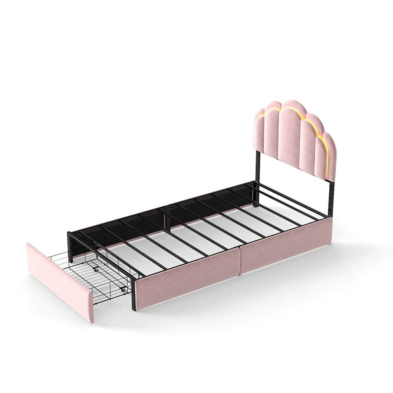 Velvet Upholstered Platform Bed with RGB LED Petal Headboard, Under Bed Storage Drawers Princess Bed Frame