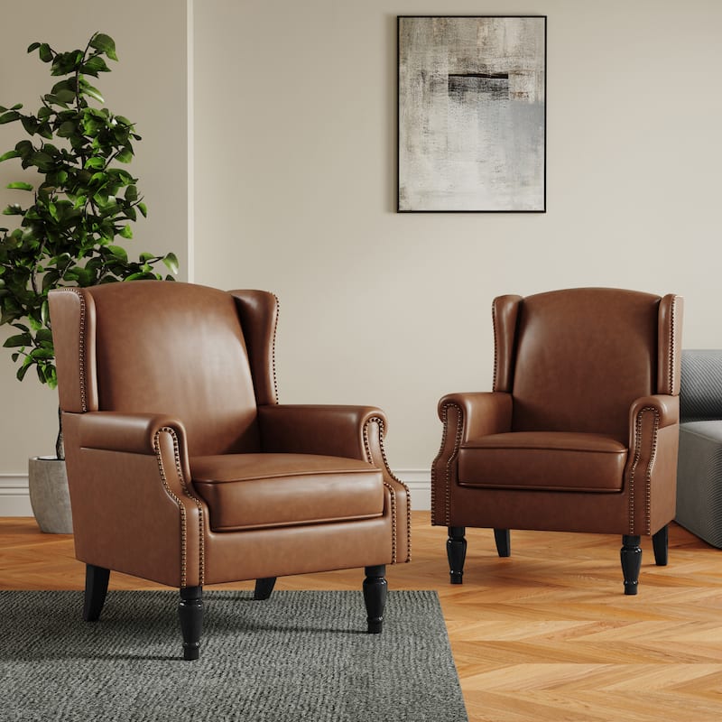 Set of 2 Patterned Upholstered Accent Chair for Living Room - Brown-Leather