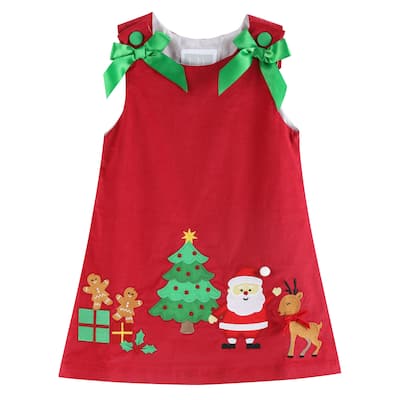 Lil Cactus Red Corduroy Christmas Applique Bow Dress