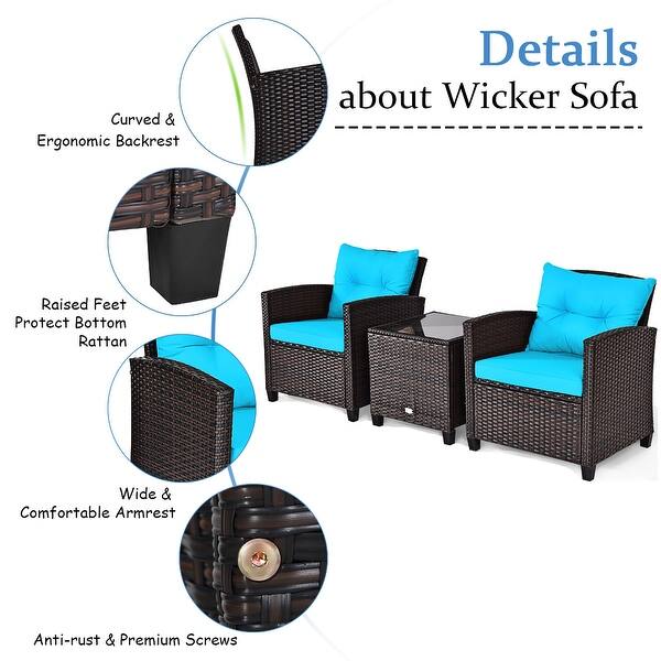Outdoor 3-piece Cushioned Rattan Patio Furniture Conversation Set