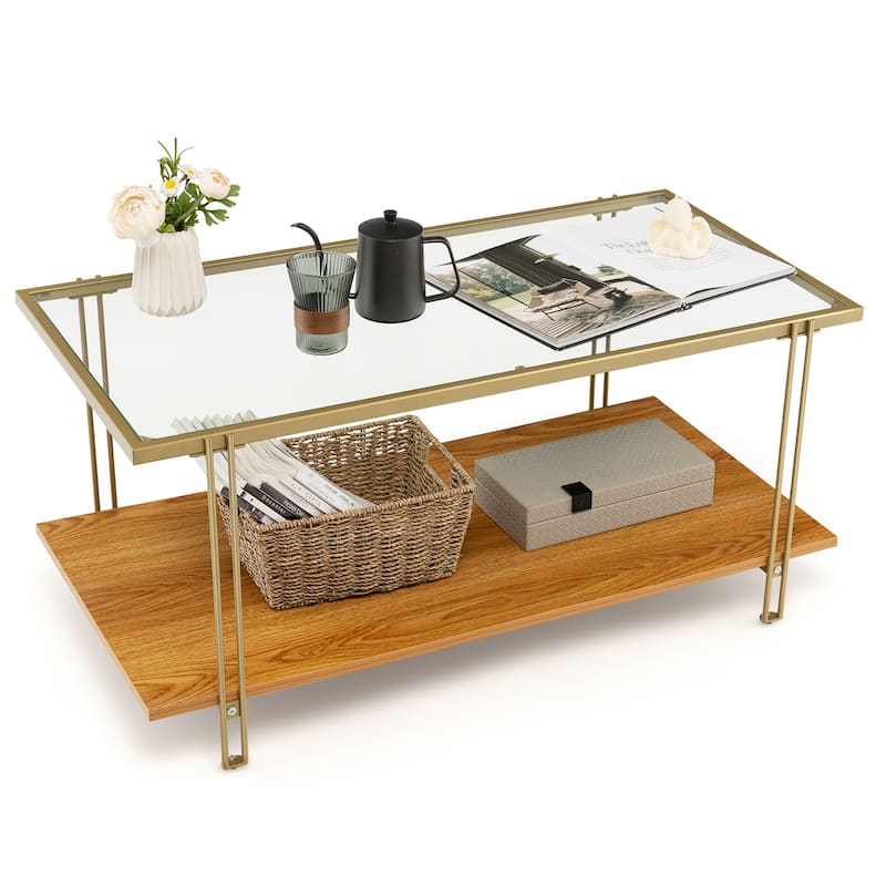 2 Tier Rectangle Glass Coffee Table Modern Cocktail Accent Table - 39.5'' x 18'' x 20'' (L x W x H) - 39.5'' x 18'' x 20'' (L x W x H)